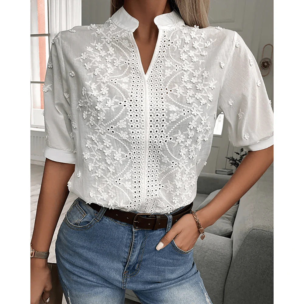 Elegant Lace Blouse with Delicate Hollow V Neck for Women