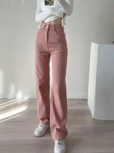 High Waisted Pink Straight Leg Jeans for Women