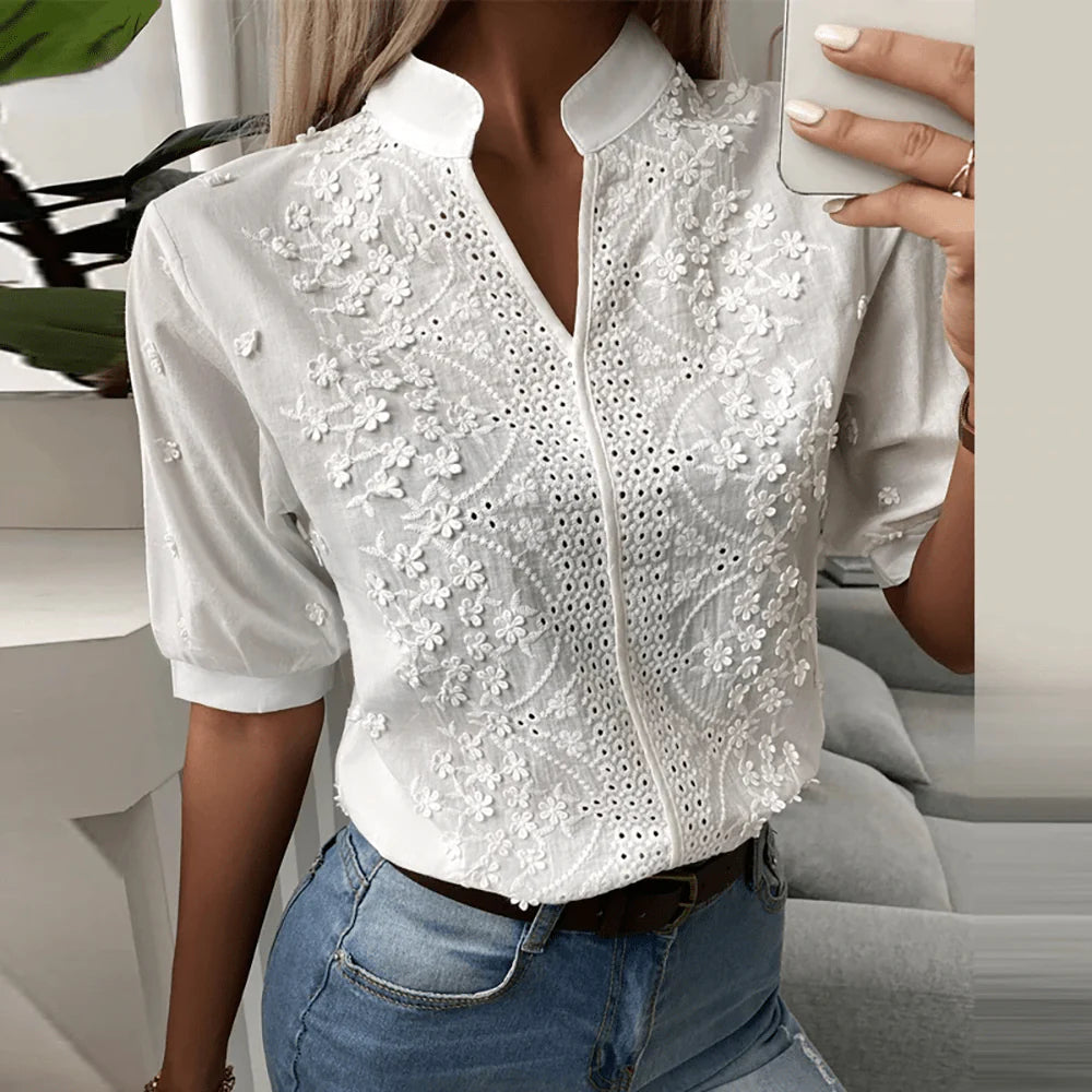 Elegant Lace Blouse with Delicate Hollow V Neck for Women