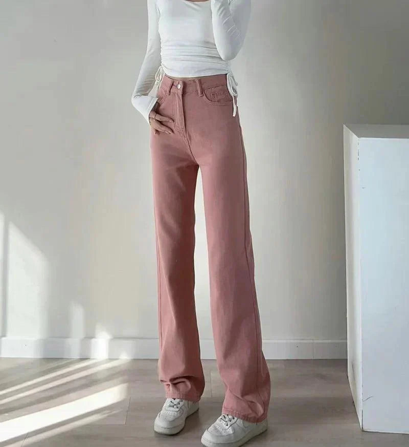 High Waisted Pink Straight Leg Jeans for Women