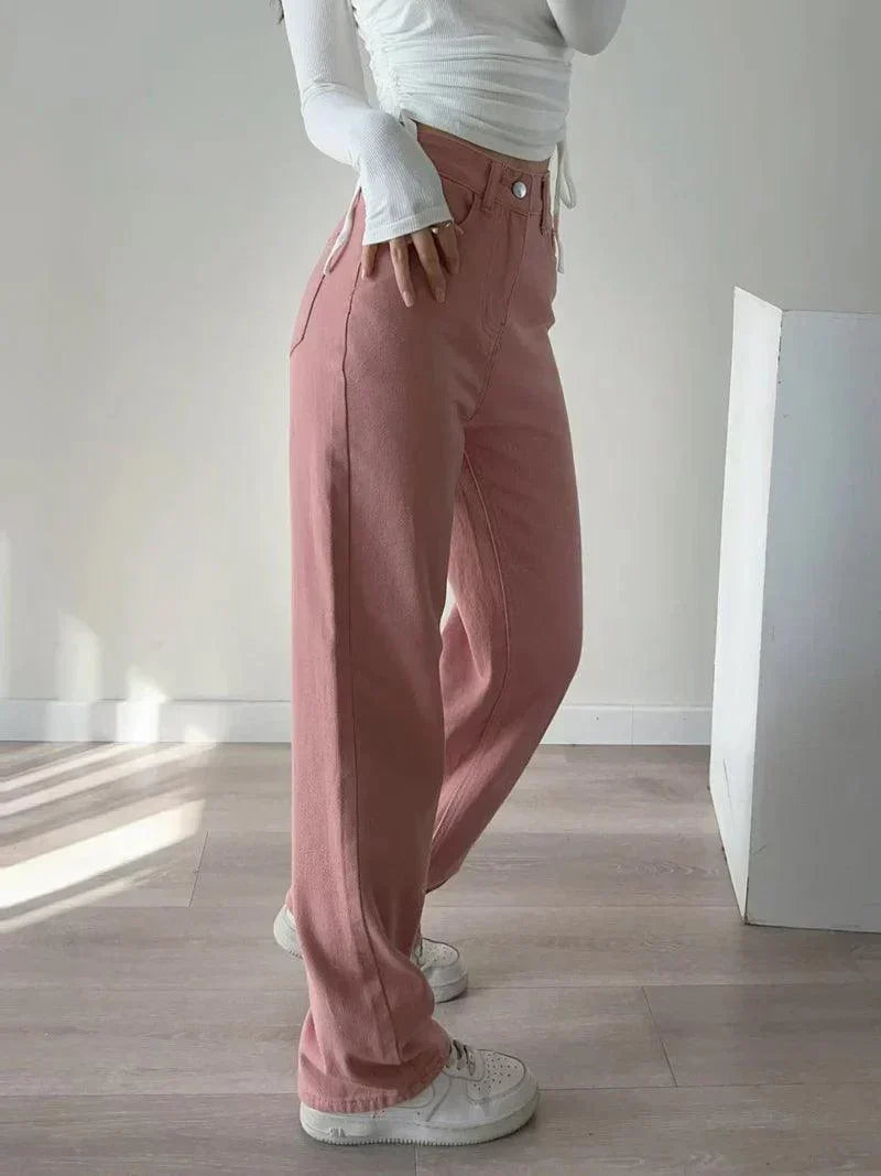 High Waisted Pink Straight Leg Jeans for Women