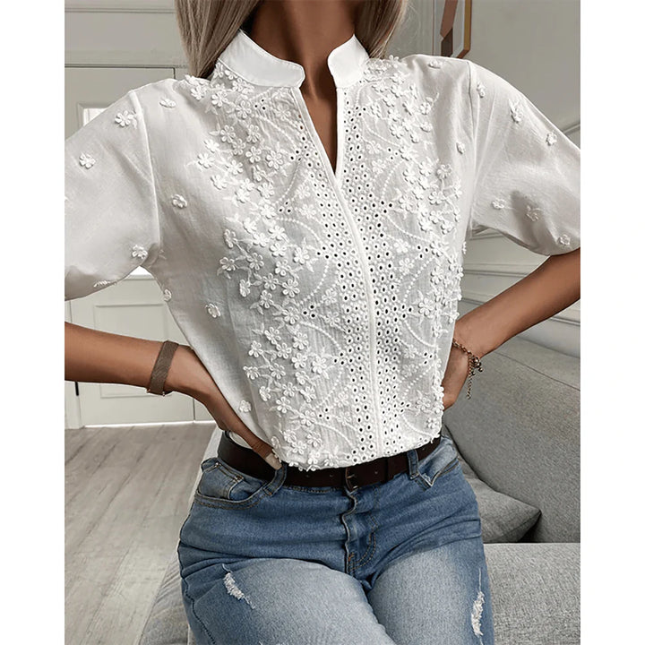 Elegant Lace Blouse with Delicate Hollow V Neck for Women