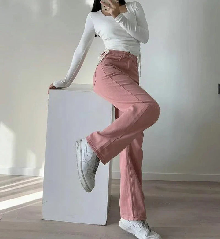 High Waisted Pink Straight Leg Jeans for Women