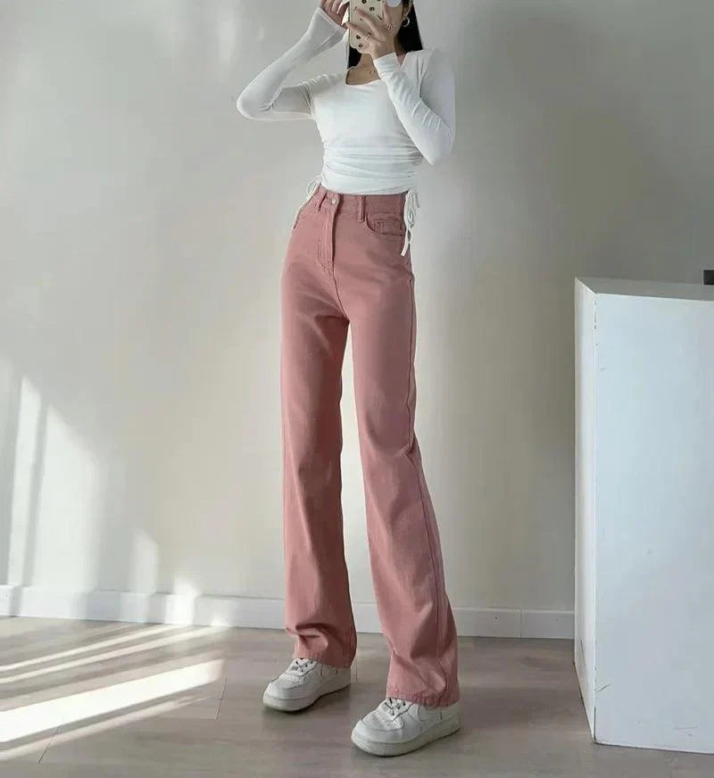 High Waisted Pink Straight Leg Jeans for Women