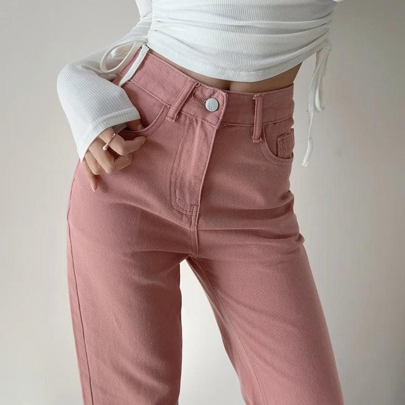 High Waisted Pink Straight Leg Jeans for Women