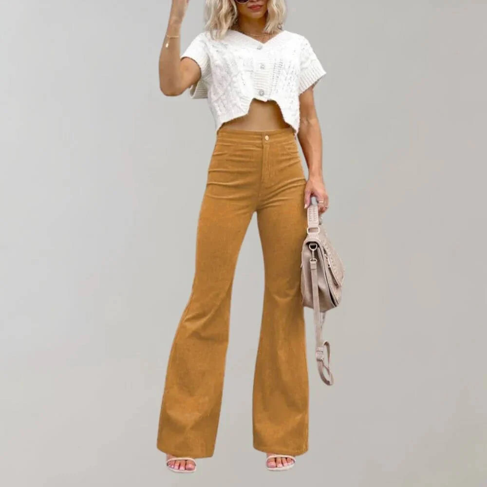 High Waisted Corduroy Flared Pants with Retro Charm for Women