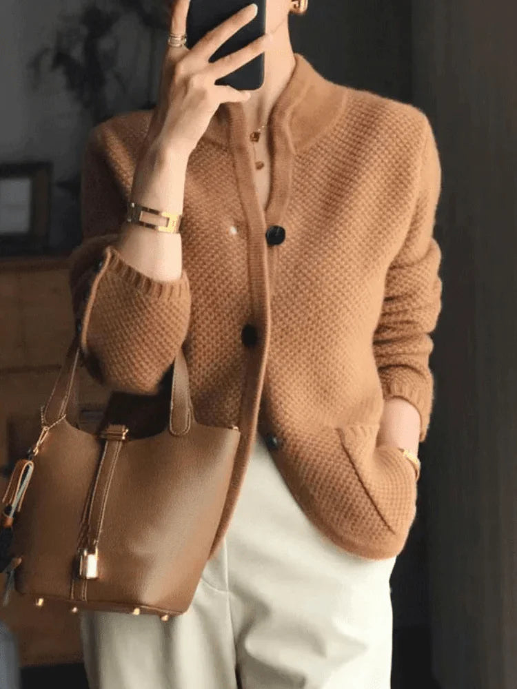 Knit Cardigan with High Collar and Cozy Feel for Women