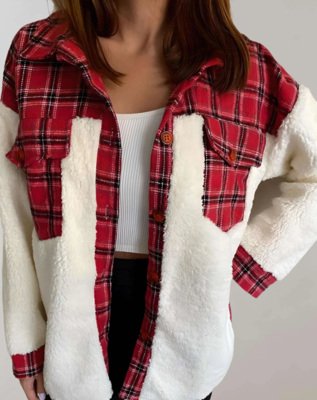 Warm Plaid Winter Jacket with Chest Pockets for Women