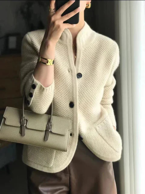 Knit Cardigan with High Collar and Cozy Feel for Women