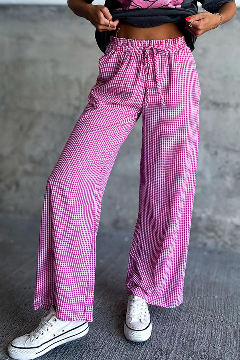 Pink Plaid High Waisted Pants with Trendy Chic for Women