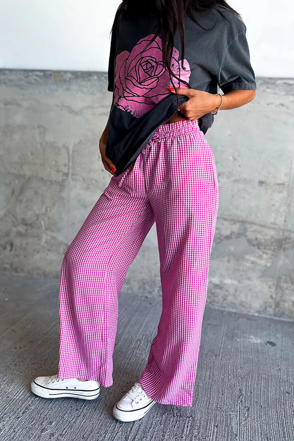 Pink Plaid High Waisted Pants with Trendy Chic for Women