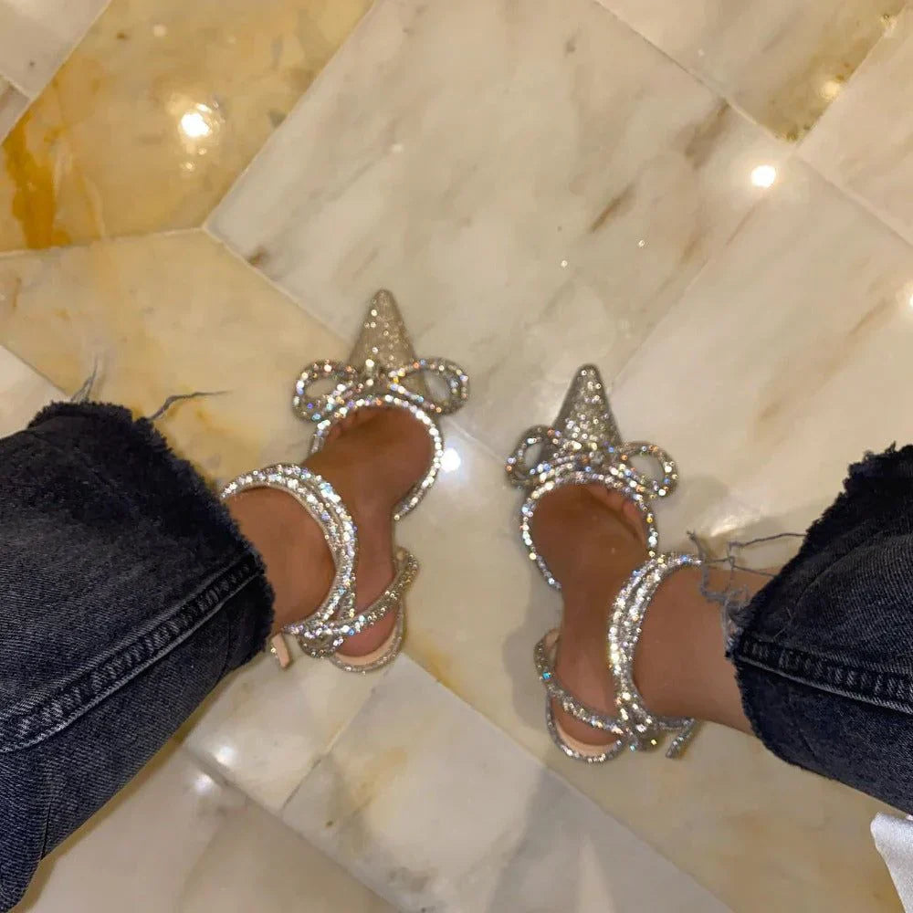 Elegant Crystal Heels with Chic Bow Accent for Women