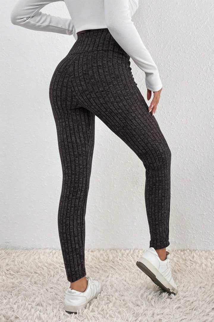 Dark Gray Knit Leggings with Wide Waistband for Women