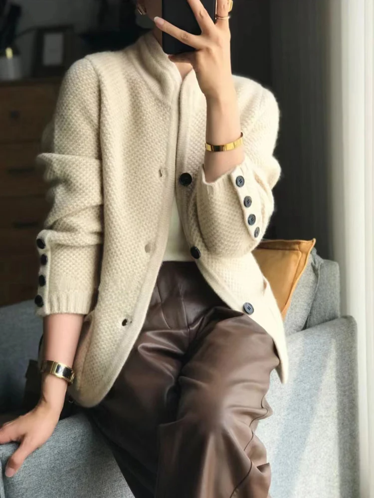 Cozy Knit High Collar Cardigan For Women