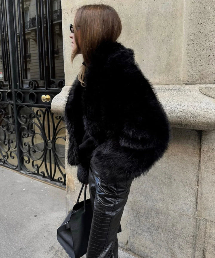 Luxurious Black Fur Coat with Plush Texture for Women