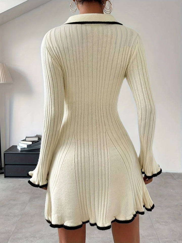 Chic Knit Dress with Ruffle Accents and Elegant Contrast Details for Women