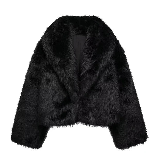 Luxurious Black Fur Coat with Plush Texture for Women