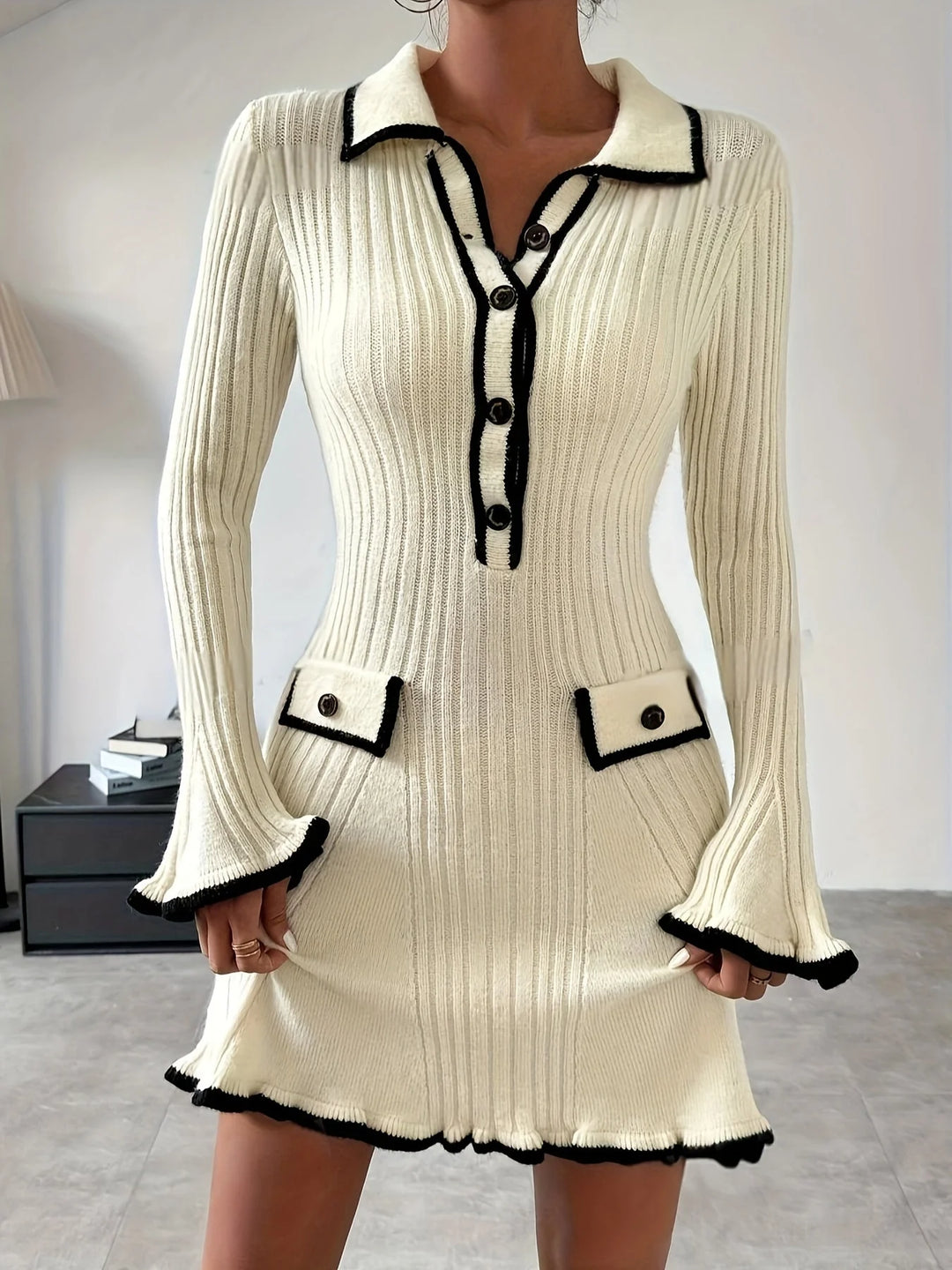 Chic Knit Dress with Ruffle Accents and Elegant Contrast Details for Women