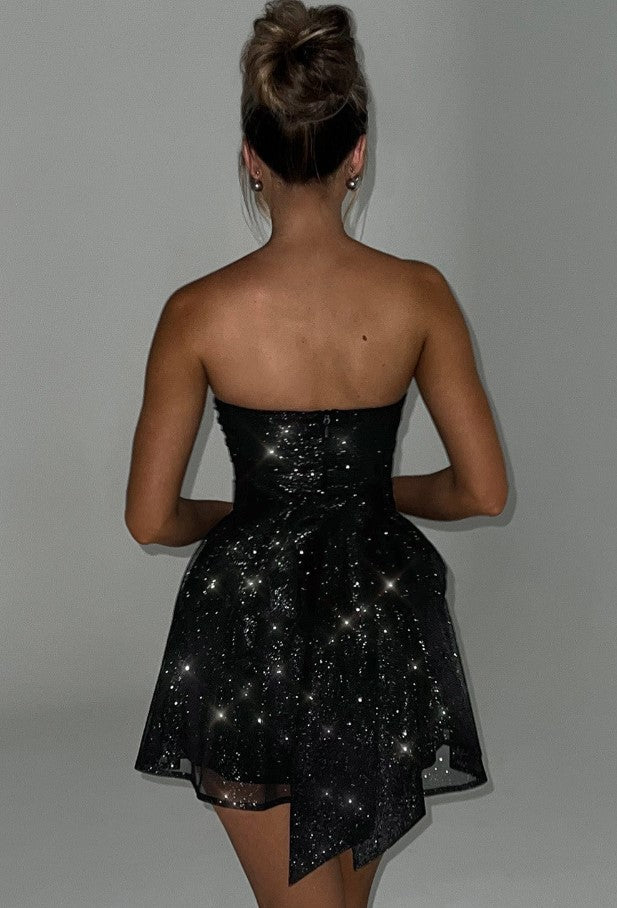 Strapless Glitter Dress with Elegant Back Knot Detail for Women