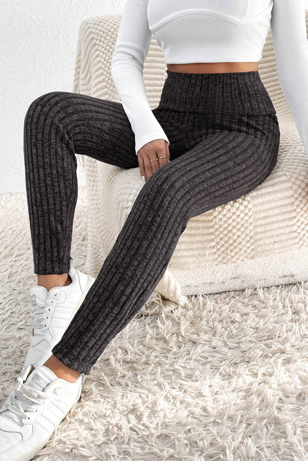 Dark Gray Knit Leggings with Wide Waistband for Women