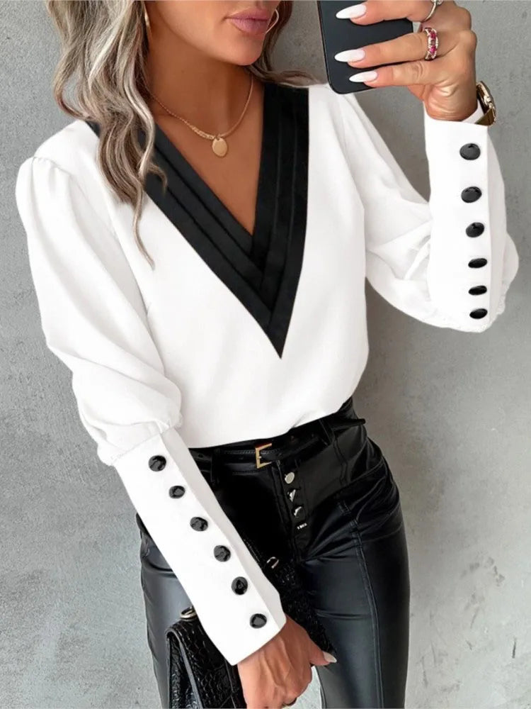 Casual V-Neck Blouse with a Modern Touch for Women